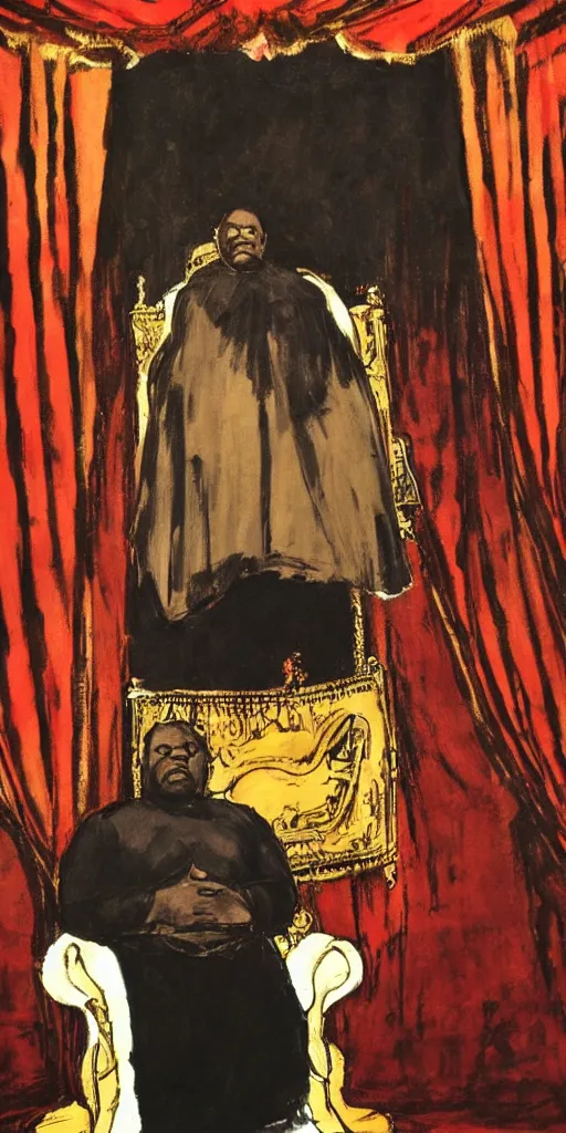 Image similar to style of frank miller, portrait of big black man sitting on throne, background made of big curtains