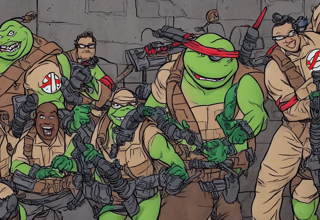 Image similar to the ghostbusters meet the ninja turtles