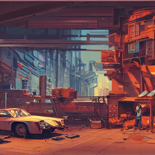 Prompt: detailed painting of a cyberpunk repair shop with roman architecture and flying cars, artstation, syd mead, cinematic