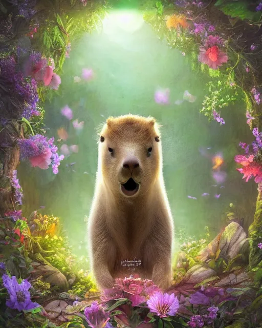 Prompt: Capybara playing Guitar in magical forest, portrait, wearing flower crown, magical notes, flowers, flower dress, birds, fairy atmosphere, magic the gathering artwork, D&D, fantasy, cinematic lighting, centered, symmetrical, highly detailed, digital painting, artstation, concept art, smooth, sharp focus, illustration, volumetric lighting, epic Composition, 8k, art by Akihiko Yoshida and Greg Rutkowski and Craig Mullins, oil painting, cgsociety