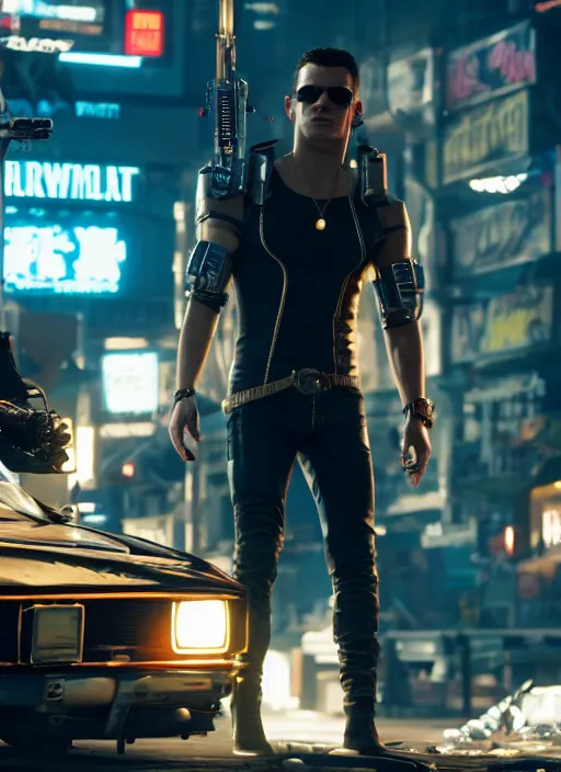 Image similar to film still of Rami Malek as Johnny Silverhand in Cyberpunk 2077, gameplay, 8k, HD