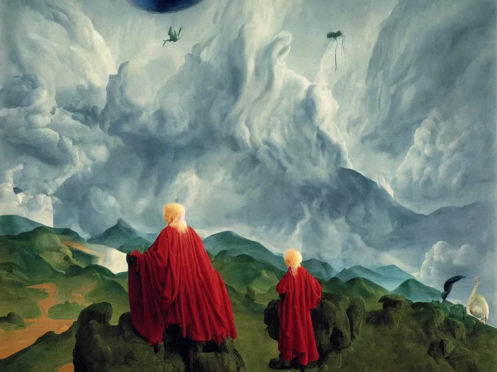 Prompt: albino mystic, with his back turned, looking at a storm over over the mountains in the distance, with dinosaur. Painting by Jan van Eyck, Audubon, Rene Magritte, Agnes Pelton, Max Ernst, Walton Ford