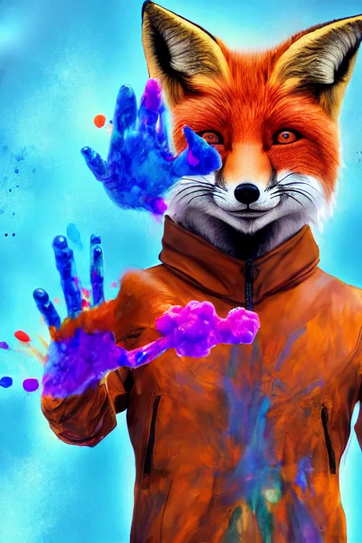 Image similar to a humanoid fox wearing scientist's clothes and doing experiments with colorful chemicals, digital painting, masterpiece, digital art, high quality, highly detailed, concept art, trending on deviantart, high coherence, anatomically correct, five fingers, cinematic, high definition, path traced