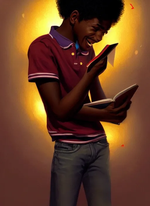 Image similar to portrait of teenage chuck clayton, black teenage boy, very short curly hair, very short hair, square jaw, slight excited smile, reading archie comic book, intricate, elegant, glowing lights, highly detailed, digital painting, artstation, concept art, smooth, sharp focus, illustration, art by wlop, mars ravelo and greg rutkowski