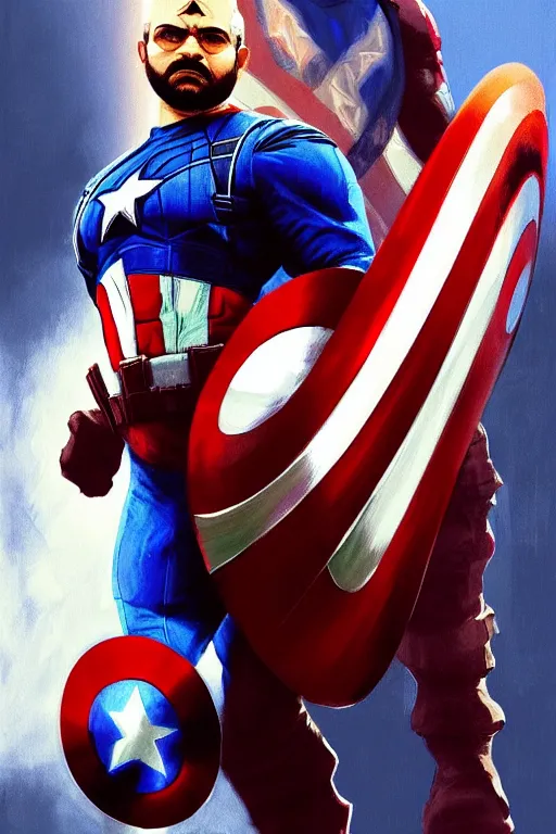 Image similar to Narendra Modi as Captain America, claws are up, red and blue Captain America costume, Narendra Modi hairstyle and beardstyle, calm, grumpy, portrait, masculine figure, highly detailed, digital painting, artstation, concept art, smooth, sharp focus, illustration, cinematic lighting, art by artgerm and greg rutkowski and alphonse mucha