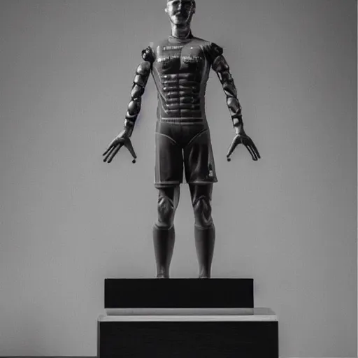 Image similar to a realistic detailed photo of a guy who is an attractive humanoid who is half robot and half humanoid, who is a male android, soccer player timo werner, shiny skin, posing like a statue, blank stare, in a living room, on display, showing off his muscles