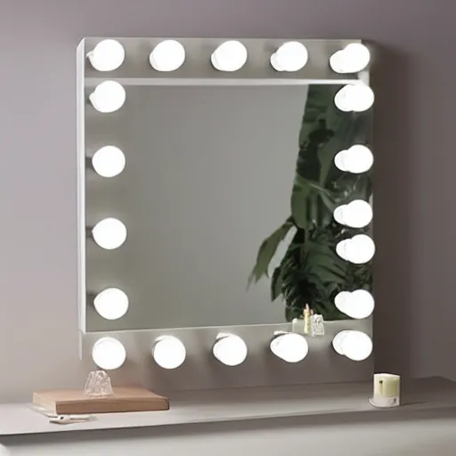 Prompt: zen minimalist modern vanity mirror soft light with flowers