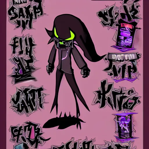 Prompt: character sheets for a new sinister shadowy vampire squid character, artwork in the style of splatoon from nintendo, art by tim schafer from double fine studios, edgy original character color palette from the early two thousands, black light, neon, spray paint, punk outfit, tall thin frame, adult character, fully clothed, vampire, colorful, pop art, official art