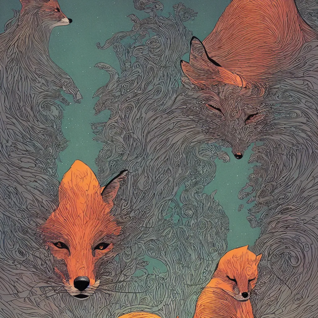 Image similar to one fox face by moebius and victo ngai