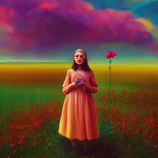 Image similar to girl with a singular flower for a head, surreal photography, dream, standing in flower field, magical, in a valley, sunrise dramatic light, impressionist painting, colorful clouds, artstation, simon stalenhag, flower face