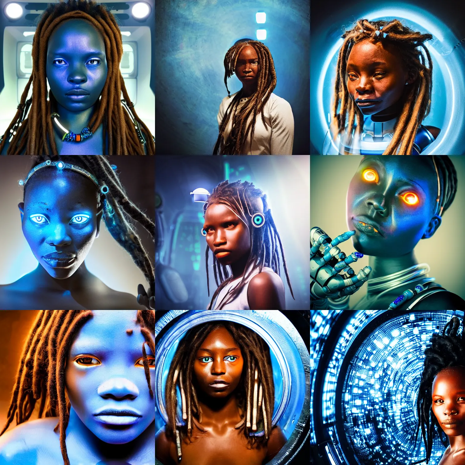 Prompt: beautiful futuristic himba woman frowning inside a spaceship, glowing white mechanical eye, robotic prosthetic arm, blue glass dreadlocks, hyperrealistic, sci - fi, dramatic lighting, intricate, soft focus