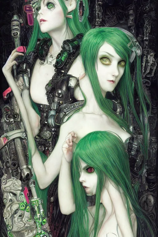 Image similar to two cute beautiful young goth maidens, green hairs and white hairs, cyberpunk, Warhammer 40000, gothic, highly detailed, artstation, illustration, art by Gustav Klimt and Range Murata