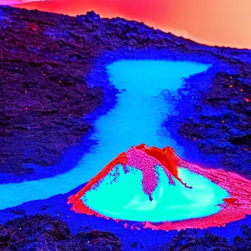 Prompt: volcano that spews bright neon blue lava
