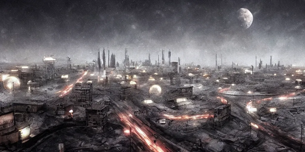 Image similar to cinematic shot of a city in the moon's hollow, norilsk russian orbit city cityscape, telephoto, iconic scene from the paranoid thriller sci fi film directed by stanley kubrick, anamorphic cinematography, beautiful composition, color theory, leading lines, photorealistic, moody volumetric lighting