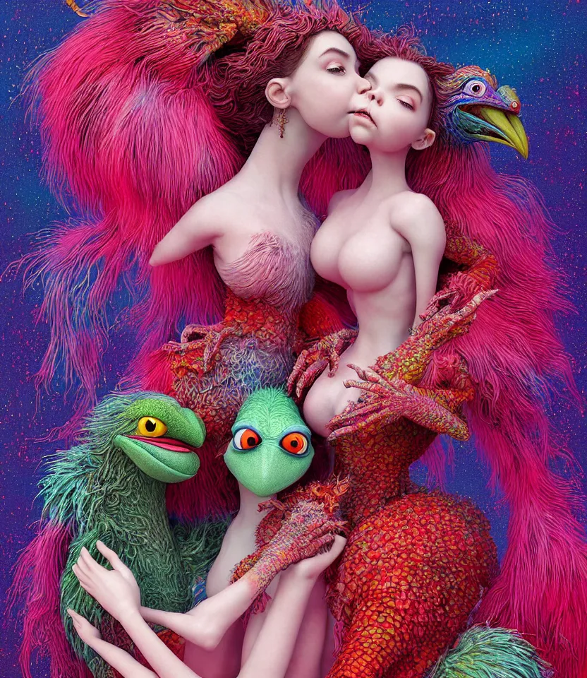 Prompt: hyper detailed 3d render like a Oil painting - kawaii portrait of lovers hugging or kissing Aurora (a beautiful girl skeksis muppet fae princess protective playful expressive acrobatic from dark crystal that looks like Anya Taylor-Joy) seen red carpet photoshoot in UVIVF posing in scaly dress to Eat of the Strangling network of yellowcake aerochrome and milky Fruit and His delicate Hands hold of gossamer polyp blossoms bring iridescent fungal flowers whose spores black the foolish stars by Jacek Yerka, Ilya Kuvshinov, Mariusz Lewandowski, Houdini algorithmic generative render, golen ratio, Abstract brush strokes, Masterpiece, Edward Hopper and James Gilleard, Zdzislaw Beksinski, Mark Ryden, Wolfgang Lettl, hints of Yayoi Kasuma and Dr. Seuss, Grant Wood, octane render, 8k