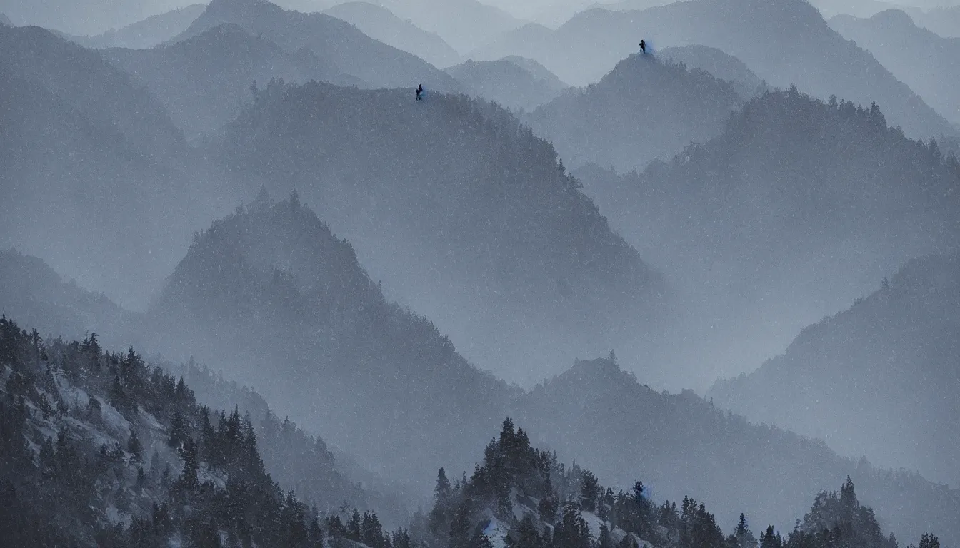 Prompt: hikers going up a mountain, view from above, silhouette victor ngai