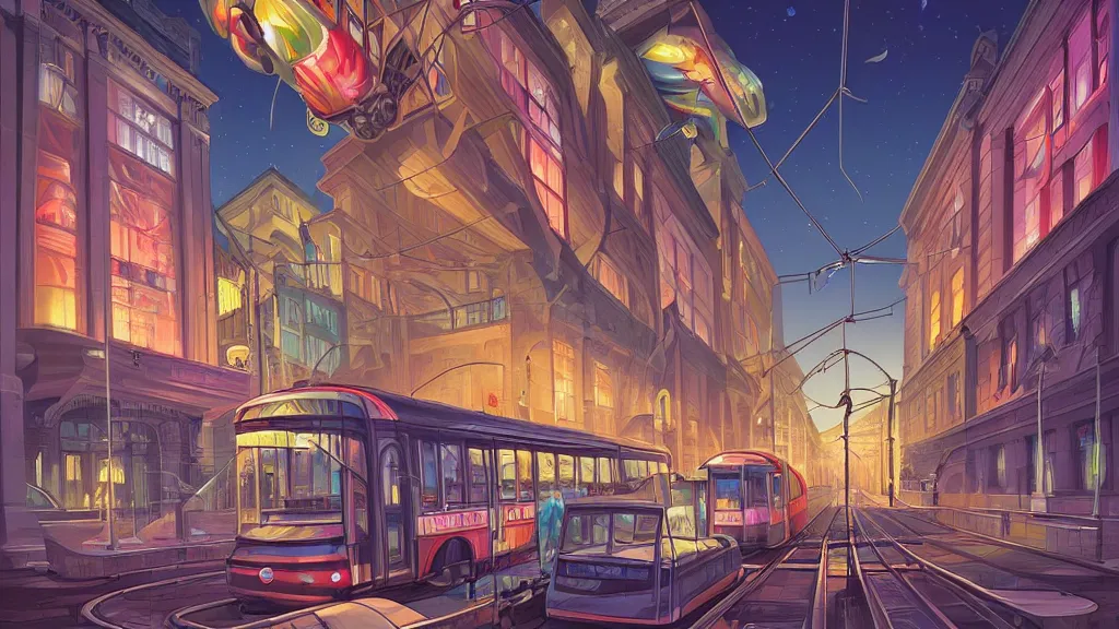 Prompt: street view of the national museum in the city at night by cyril rolando and naomi okubo and dan mumford and zaha hadid. flying cars. advertisements. neon. tram.