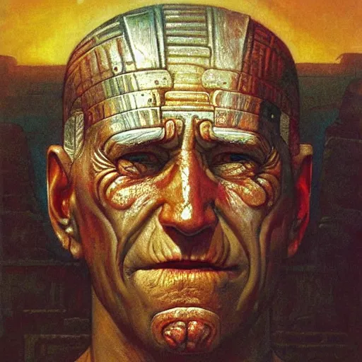 Prompt: giant mayan joe biden, perfectly clear face, by j. c. leyendecker and beksinski