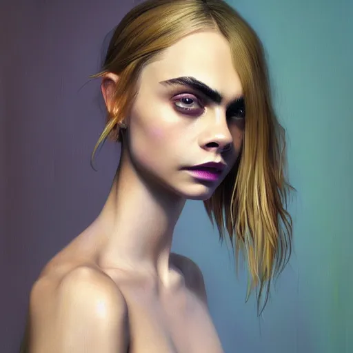 Prompt: cara delevingne, full body portrait colorful oil painting by vermeer, android jones, yuumei, yanjun cheng, unreal 5, daz, hyperrealistic, octane render, rpg portrait, dynamic lighting, fantasy art, beautiful face