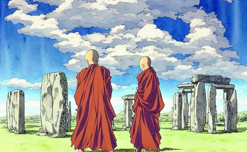 Prompt: an anime watercolor fantasy concept art of giant monk with a big forehead in grey robes swaying in stonehenge. several immense stones are floating in the air. in the background a large ufo is in the sky. by rebecca guay, michael kaluta, charles vess