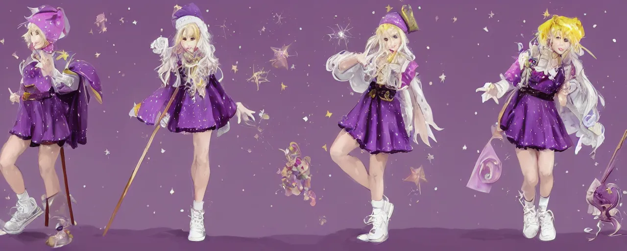 Prompt: A character sheet of a cute magical girl with short blond hair and freckles wearing an oversized purple Beret, Purple overall shorts, Short Puffy pants made of silk, pointy jester shoes, a big scarf, and white leggings. Rainbow accessories all over. Covered in stars. Short Hair. Beautiful Face. Fantasy. By Seb McKinnon. By WLOP. By Artgerm. By william-adolphe bouguereau. By Alphonse Mucha. By Frederic Leighton. Decora Fashion. harajuku street fashion. Kawaii Design. Intricate. Highly Detailed. Digital Art. Fantasy. CGSociety. Sunlit. 4K. UHD. HyperMaximalist. Denoise. Hyper realistic.