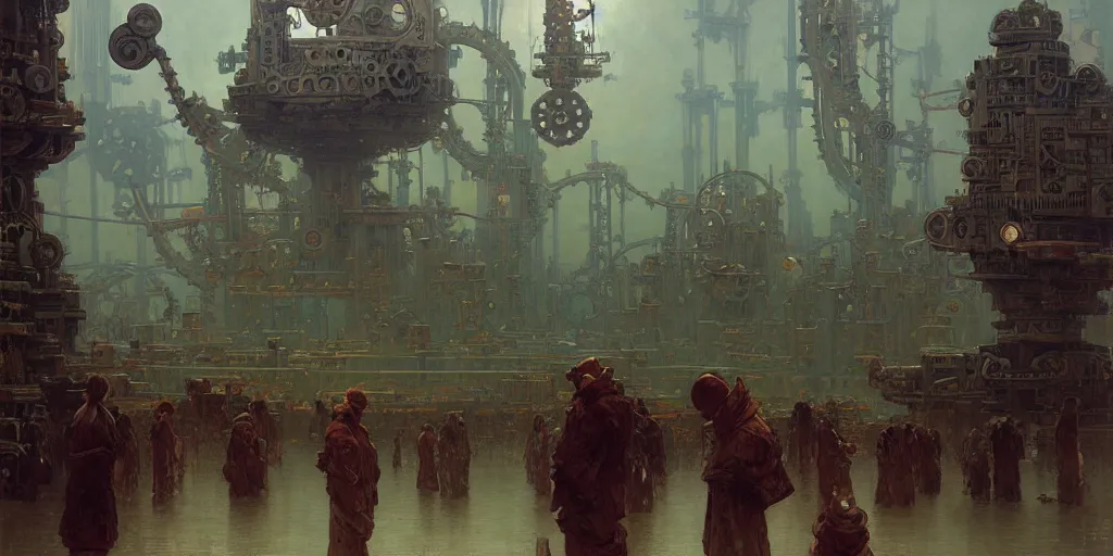 Image similar to giant interlocked gears cogs, giant geometric mechanisms floating in space, industry, villages castles, buildings vista artstation illustration sharp focus vista painted by ruan jia raymond swanland lawrence alma tadema zdzislaw beksinski norman rockwell tom lovell alex malveda greg staples