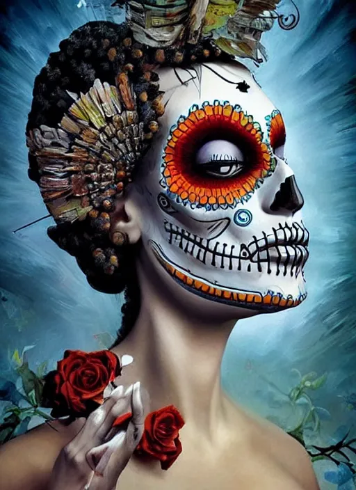 Image similar to dia de los muertos theme surrealist art in the styles of igor morski, jim warren, and aida muluneh, intricate, hyperrealistic, accurate facial details, profile picture with chromakey!!!!! background, volumetric lighting