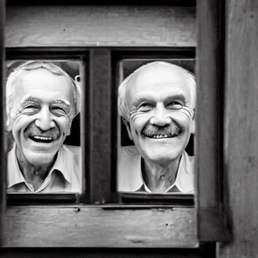 Image similar to several smiling old men seen through a small window