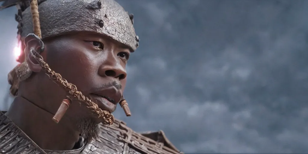 Image similar to a film still of a light skinned black man starring as an ancient samurai in a japanese blockbuster film, in a realm of fire, shallow depth of field, cinematic, award winning cgi, vfx, film still