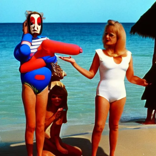Image similar to 1969 twin women on tv show wearing an inflatable mask long prosthetic snout nose with googly eyes, soft color wearing a swimsuit at the beach 1969 color film 16mm holding a an inflatable hand Fellini John Waters Russ Meyer Doris Wishman old photo