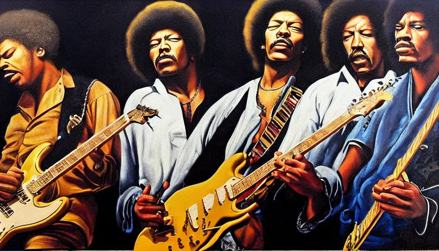 Image similar to photorealistic painting of tim maia, jimi hendrix and b. b king, with very highly detailed face, jamming with electric guitars, sitting on fluffy clouds. realism, beautiful, dramatic by grant wood, johannes vermeer and leonardo da vinci