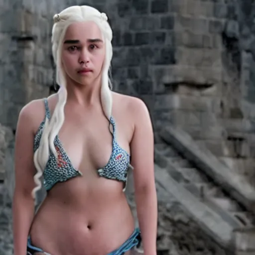 Image similar to Daenerys Targaryen as a cute bathing suit kabuki pointing at you from Game Of Throne cctv footage. She smirks as if to mock your very existence.