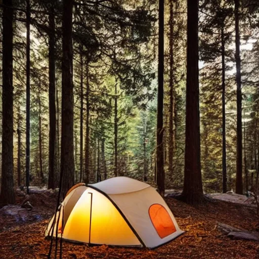 Image similar to fancy tent with light inside it in the middle of the forest, artistic,