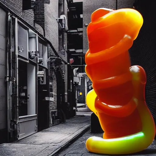 Image similar to a futuristic robotic gummi worm. dramatic product lighting. it's a gummi with extra juiciness. but it's also a worm. ick. trendy food truck in a moody alleyway. digital art, art film.