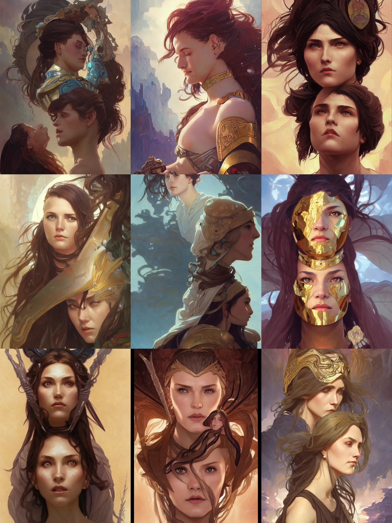 Prompt: giant female head looms over a female paladin, digital painting, artgerm and greg rutkowski and alphonse mucha