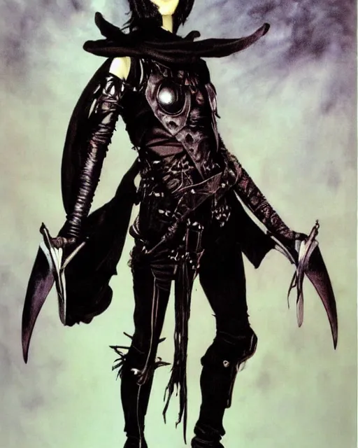 Prompt: portrait of an androgynous skinny bauhaus goth sorcerer wearing armor by simon bisley, john blance, frank frazetta, fantasy