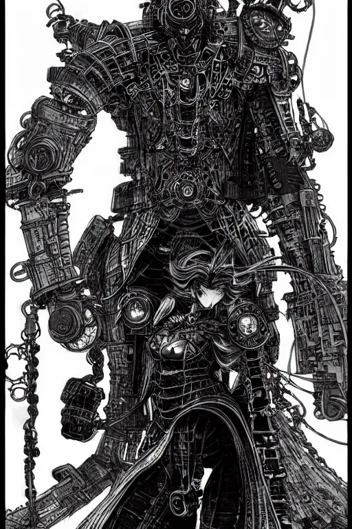 Prompt: a vertical portrait of a character in a city by yoshitaka amano and nihei tsutomu, black and white, dreamy, steampunk armor, highly detailed