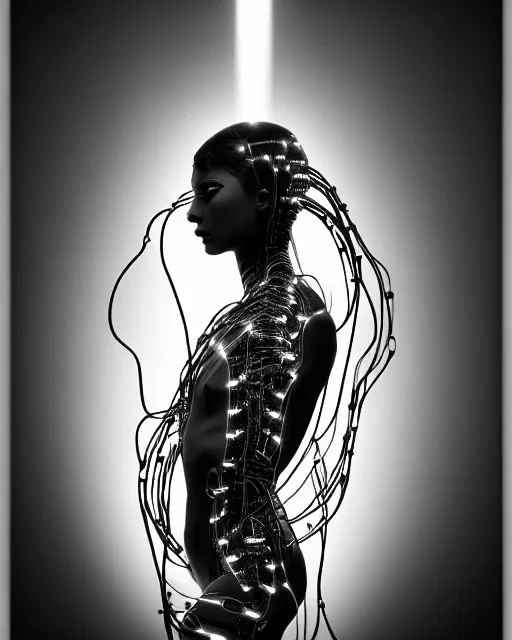 Prompt: black and white artistic photo, young female cyborg - plant goddess, microchip, artificial intelligence, bio - mechanical bio - luminescence, black wired cables, cinematic, rim light, photo - realistic, 8 k, in the style of steven meisel and dora maar and h. g. giger