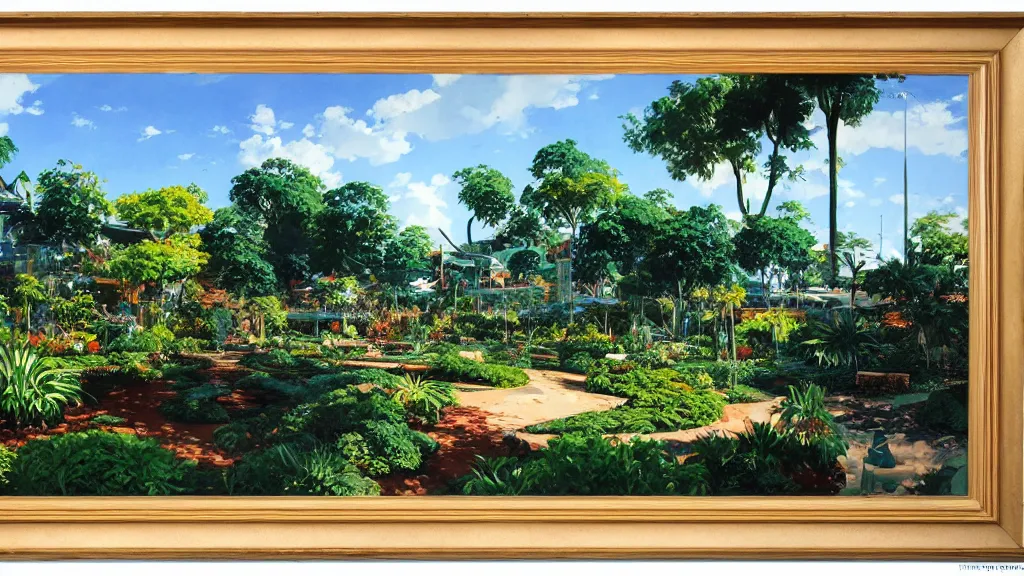 Image similar to an artificial garden with blue skies, landscape, syd mead,