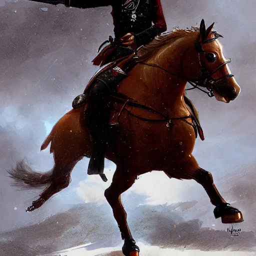 Image similar to napoleon on his horse while holding his gun and shooting by greg rutkowski