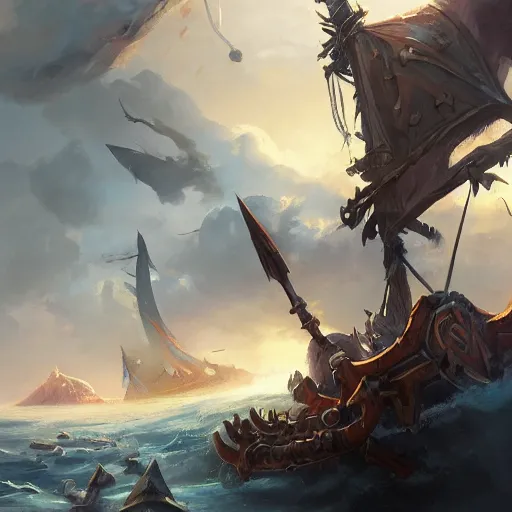 Image similar to arcane style viking battleship, viking spears and axes. spear and axes, sea background, bright art masterpiece artstation. 8 k, sharp high quality artwork in style of greg rutkowski, concept art by tooth wu, blizzard warcraft artwork, hearthstone card artwork