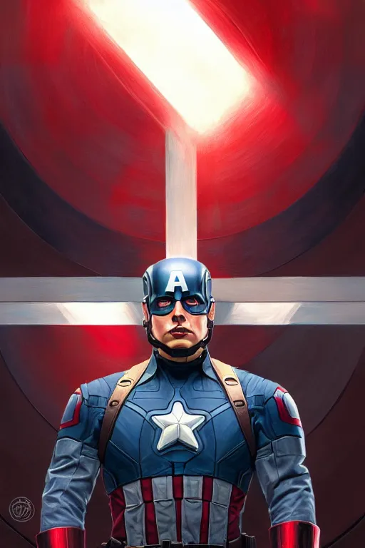 Image similar to elon musk as captain america, portrait, highly detailed, digital painting, artstation, concept art, smooth, sharp focus, illustration, cinematic lighting, art by artgerm and greg rutkowski and alphonse mucha