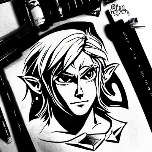 Image similar to tattoo design, stencil, portrait of link from zelda series by artgerm