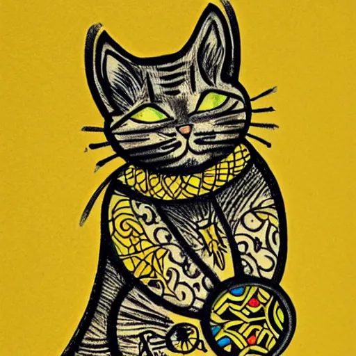 Prompt: tattoo sketch of a cat hugging the sun, on a yellow paper, byzantium ornament, tribal