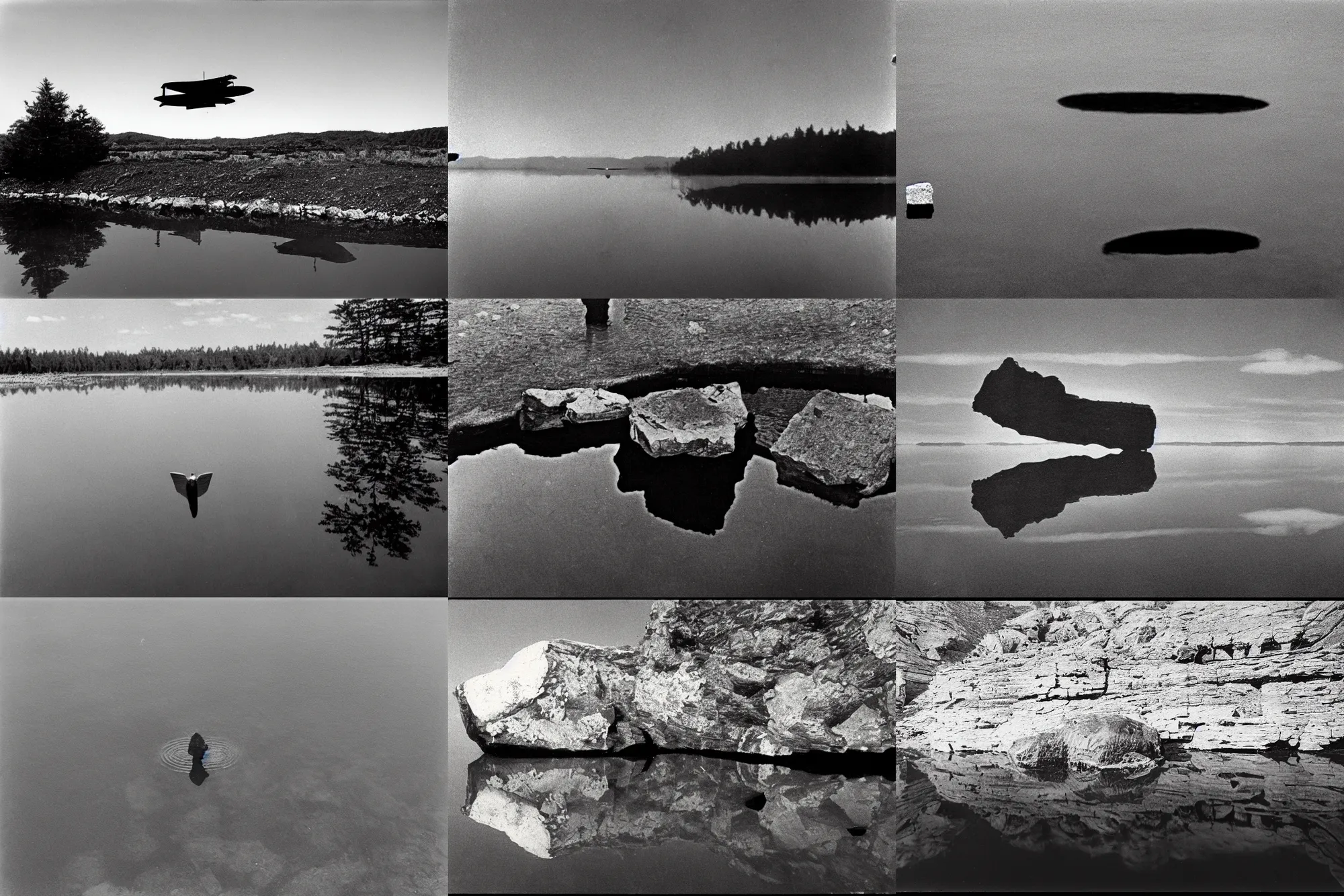 Prompt: rock reflecting in still pond as classified aircraft flies above, film grain, 3 5 mm lens, government archive