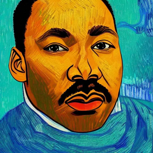 Image similar to an artistic portrait of martin luther king, high quality, studio photography, colorful, hero, heroic, beautiful, in the style of vincent van gogh