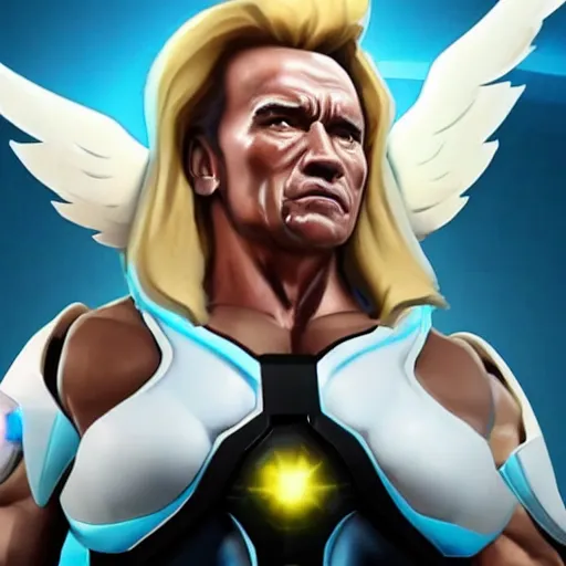 Image similar to a screenshot of arnold schwarzenegger as mercy in overwatch