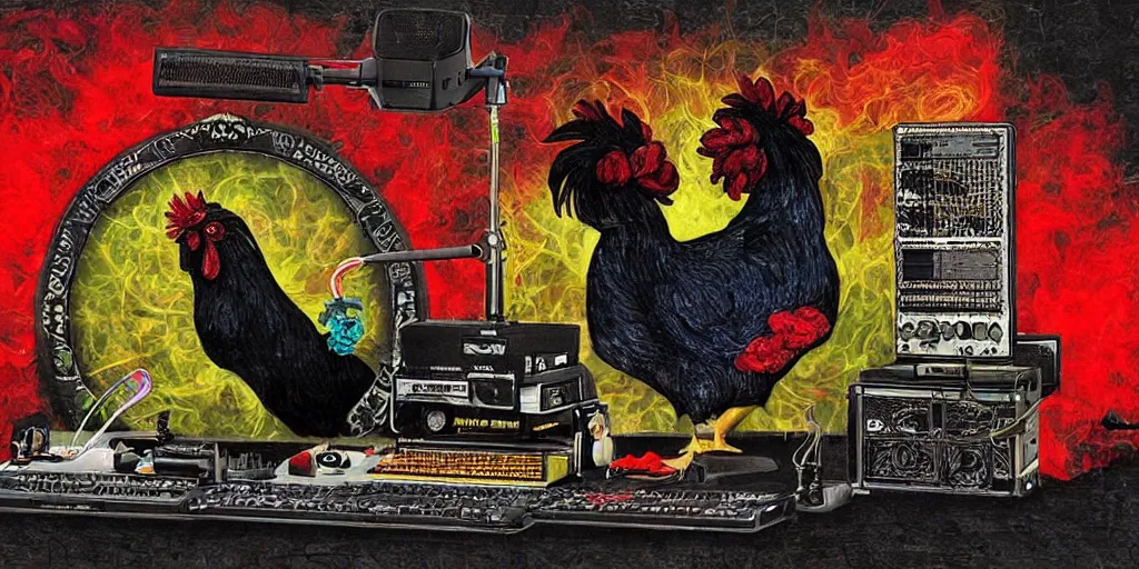 Image similar to 'black rooster'!!! smoking 'cannabis'!!!!!! in front of 'audio console'!!!! and 'pc masterrace RGB custom build'!!!!! 'multi monitors and projectors'!!!! 'in a hi-tech tv broadcasting studio with red camera rig'!!!!, artwork by James Gilleard