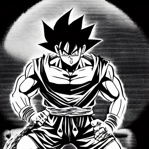 Image similar to highly detailed pen and ink black and white shonen jump son goku sitting on toilet seat powering up further beyond illustrated by constipated akira toriyama issue cover