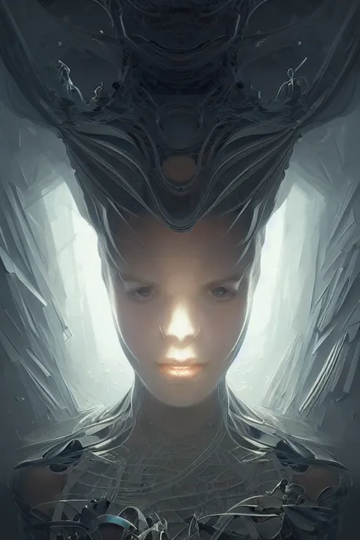 Prompt: professional concept art portrait of a ominous floating mechanical fractal species in a dark room by artgerm and greg rutkowski. cubism, an intricate, elegant, highly detailed digital painting, concept art, smooth, sharp focus, illustration, in the style of cam sykes.